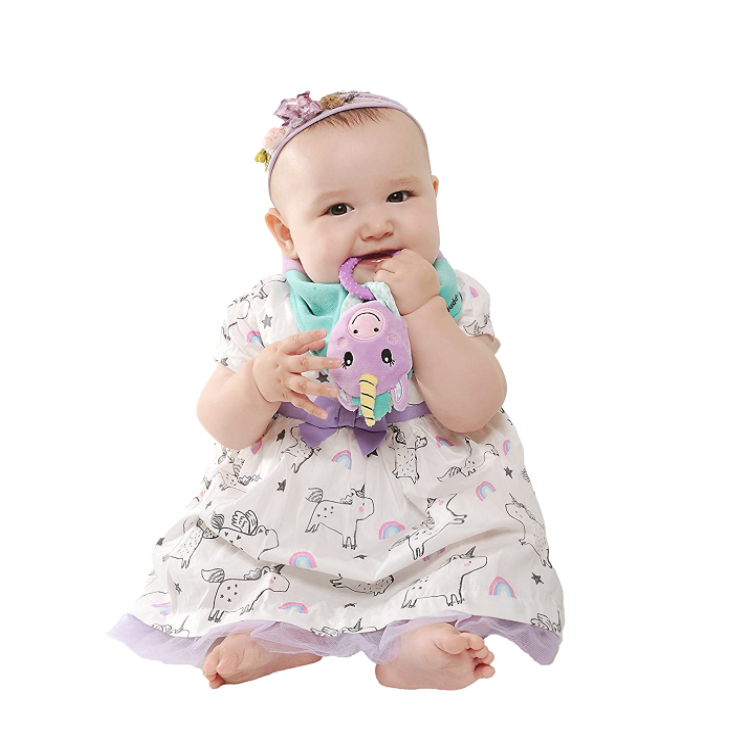 宝宝围嘴巾婴儿卡通三角口水巾纯棉带安抚奶嘴链婴儿牙胶公仔玩具